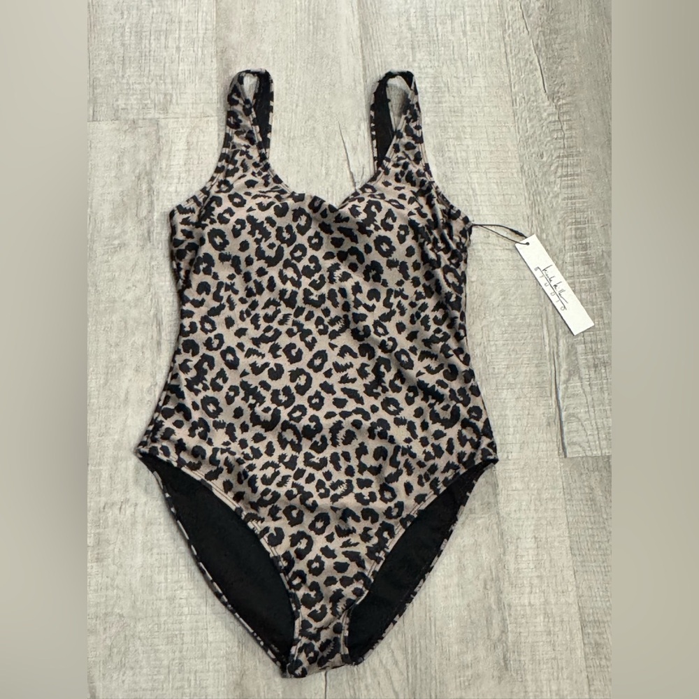 Nicole Miller Black and Brown One Piece Swimsuit with High-Cut Leg
